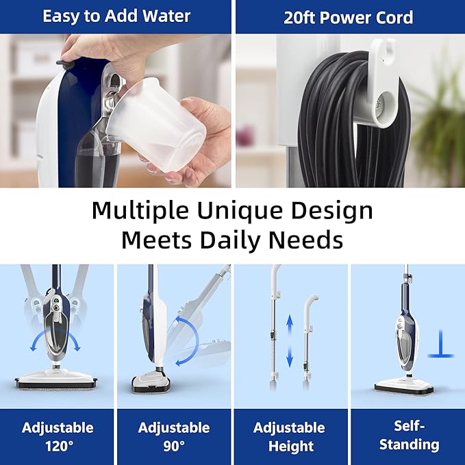 Steam Mop with Detachable Handheld Steamer All-in-one 11 Accessories 23Ft Power Cord3-Level SteamFast Heating MultiPurpose Steam Cleaner for Hard Floor Carpets Furniture Windows Clothes etc.