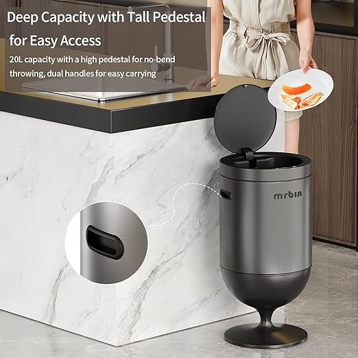 Mrbin Stainless Steel Motion Sensor Trash Can with Lid 5.3 Gallon Wine Glass Shaped Automatic Waste Basket Touchless Smart Round Tall Garbage with High Leg for Office Bedroom Kitchen Eclipse Grey