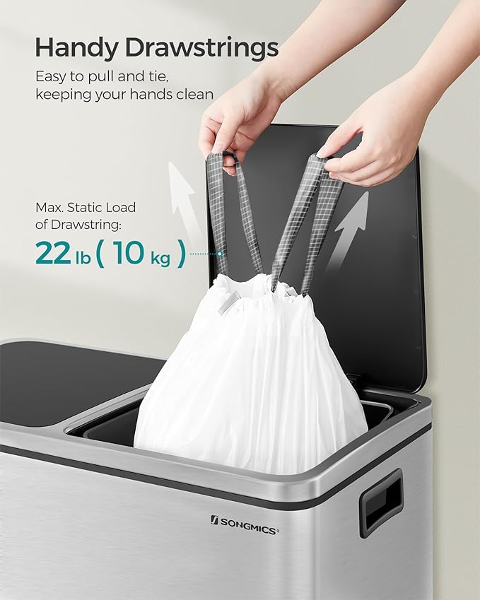 SONGMICS Trash Bags for 8-Gallon (30 L) Trash Cans Drawstring Kitchen Garbage Bags Pre-Separated Liner Code 30A 4 Rolls 180 Count White UKRB030A04