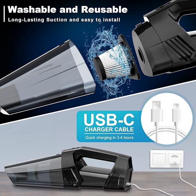 Handheld Vacuum Cordless Portable Car Vacuum with LED Light High Power Suction 3 in 1 Lightweight Rechargeable Hand Vacuum Hand Held Vacuum Cleaner for Car Home Office Pet Hair Black