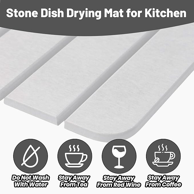 Large Stone Dish Drying Mat for Kitchen Counterdrying mat 24(L)×16(W)diatomaceous earth dish drying matquick drying stone mat for kitchen sinkdrying dish mat white
