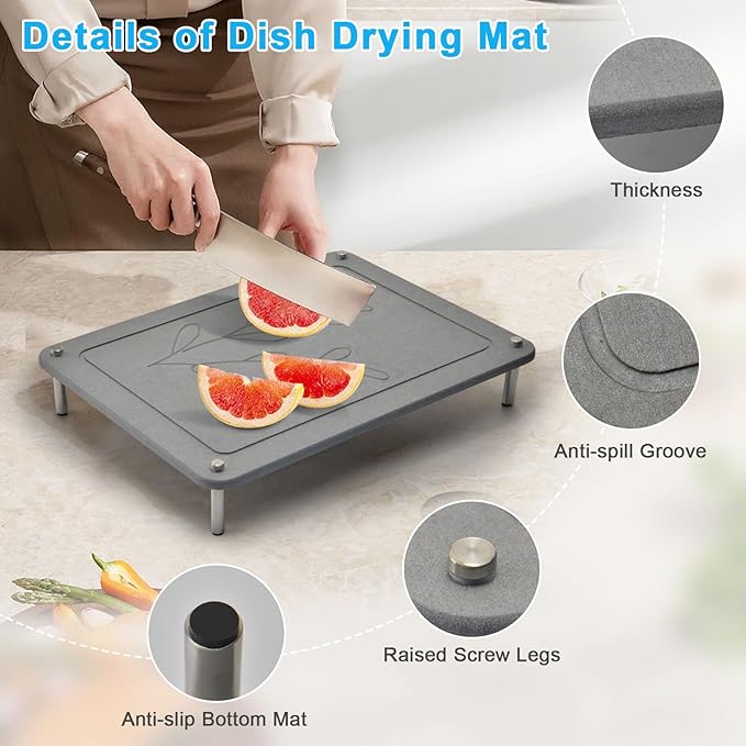 3Pcs Nesting Stone Drying Mat for Kitchen Counter Quick Drying Dish Drying Mat with Non-Slip Feet Super Absorbent Heat Resistant Diatomaceous Earth Dish Drying Mat for Dishes Bottles Cups-Leaf