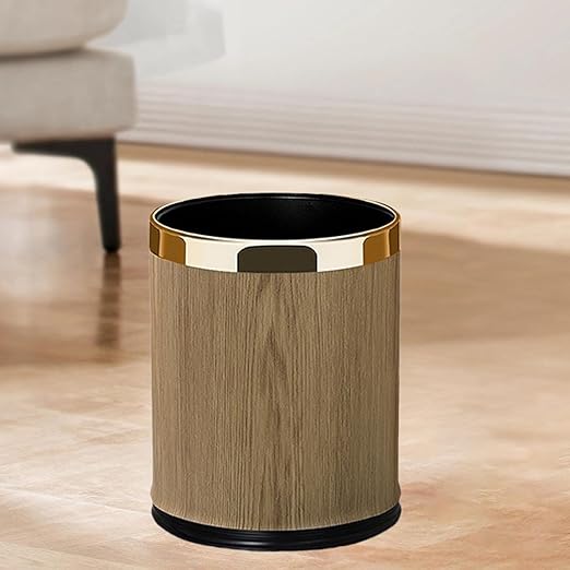 Trash Can Waste Basket PU Leather Stylish Modern Garbage Container Wastebasket for Under Desk Dorm Hotel Bedroom 10L Round Gold