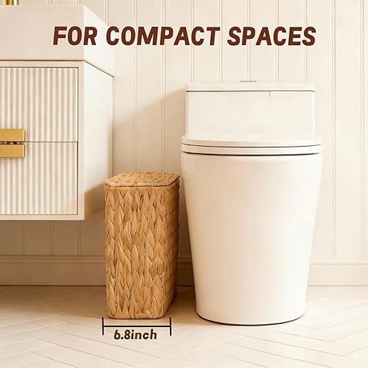 Wicker Trash Can3 Gallon Bathroom Trash Can with LidNatural Water Hyacinth Wicker Waste Basket with Removable Liner for Bedroom Toilet Narrow Spaces