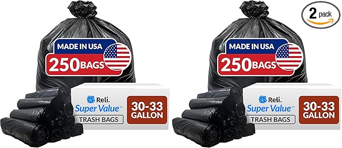 Reli. 30-33 Gallon Trash Bags Heavy Duty | 250 Count Bulk | Black Large Trash Bags 30+ 32 Gallon | Made in USA (Pack of 2)