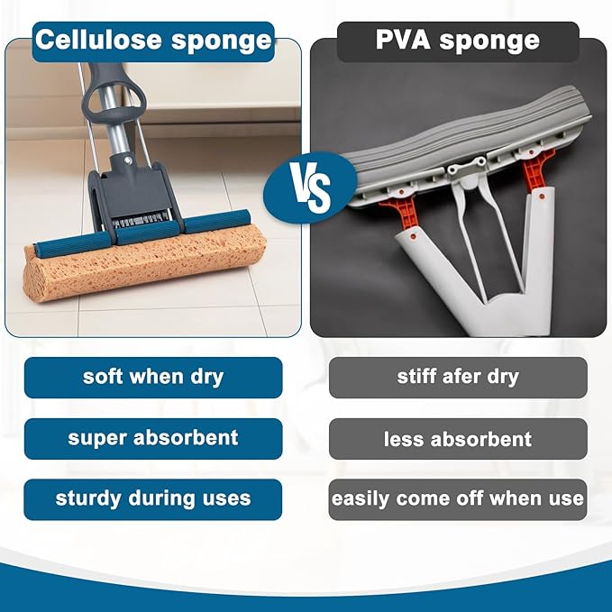 Sponge Mop for Floor Cleaning 50 Heavy Duty Roller Mop with 4 Cellulose Refill Heads Easy Self-Squeeze for Hardwood Tile Concrete Wall Ceiling