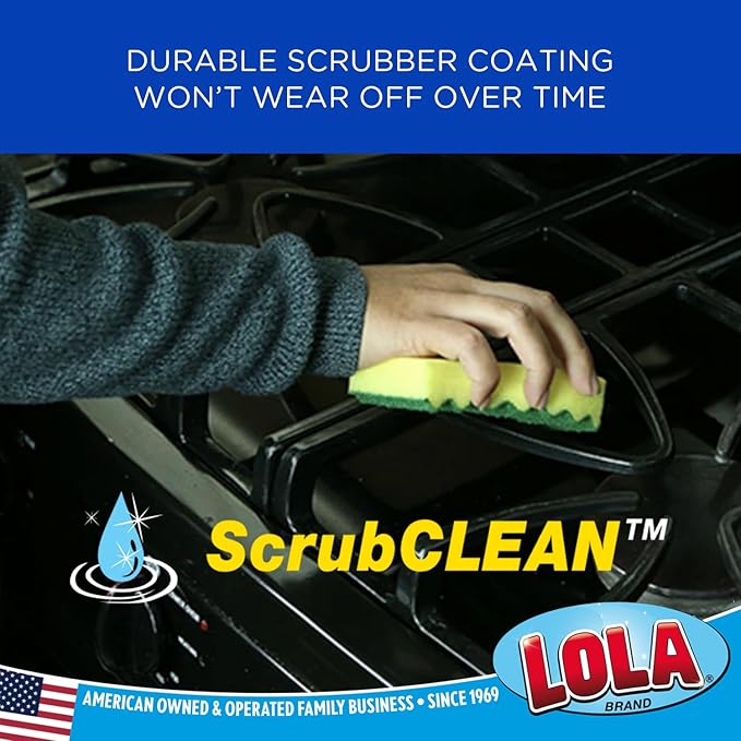 LOLA Heavy Duty Scrub Sponges 12 Pack Made in USA Superior Sponge Lasts up to 4X Longer Reusable Long Lasting Next Generation Cleaning