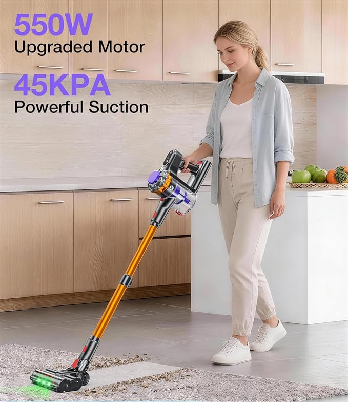 Cordless Vacuum Cleaner 550W 45KPA 65Mins Vacuum Cleaners for Home Stick Vacuum with Self-Standing LED Display &amp Anti-Tangle Wireless Vacumm Lightweight Vacuum for Pet Hair Carpet Floor