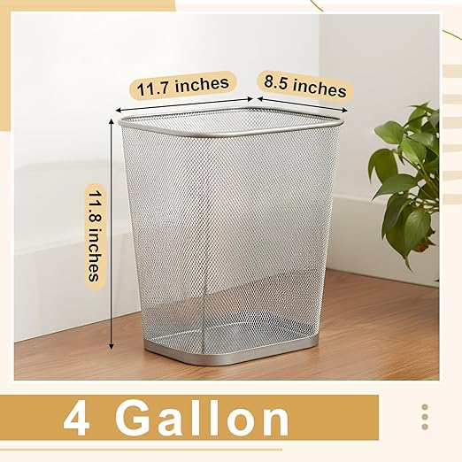 Nuanchu 1 Pcs Mesh Square Trash Cans 4 Gallons Wire Wastebasket for Home Black Metal Office Garbage Cans Rectangular Open Top Trash Bin for Kitchen Bathroom Bedroom 11.7 x 8.5 x 11.8 Inch (Silver)