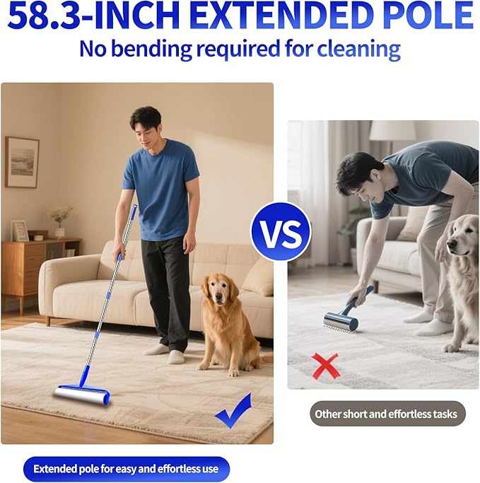 9.84 Large Extra Sticky Lint Roller 58.3 Long Handle Lint Remover with 7 Rollers for Clothes Cat Dog Pet Hair Furniture Couch Carpet FloorPainted Wall Cleaner Mop Dust Cleaning