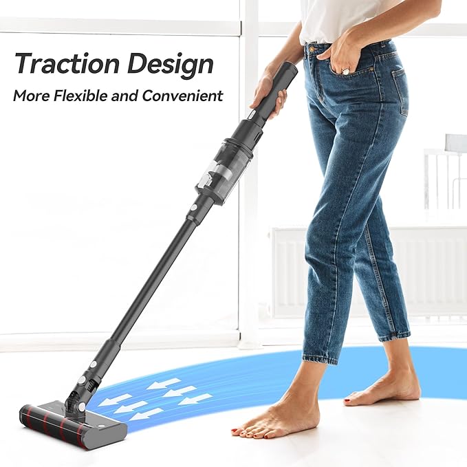 Cordless Stick Vacuum Cleaner for Home with 360° Wheels and W-Shape Brush 22KPa Powerful Suction 40 Min Runtime Lightweight Small Vacuum for Hard Floor and Carpet Gray