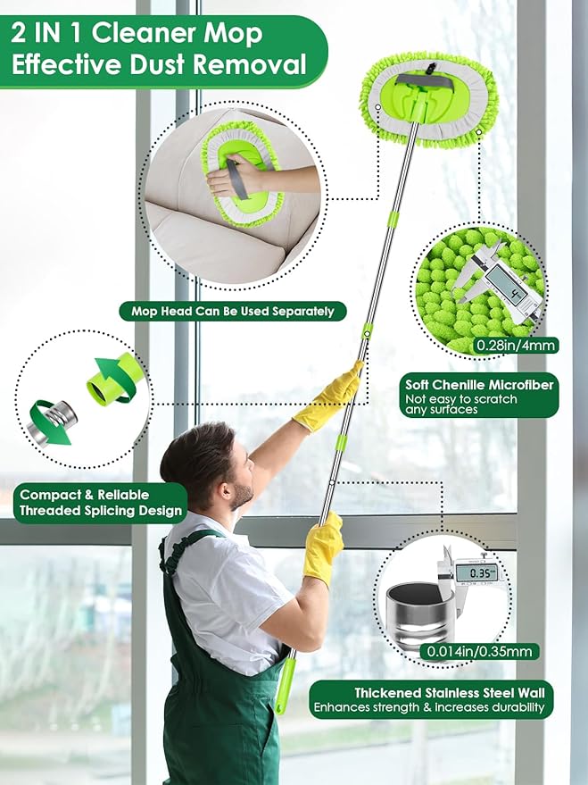 2 in 1 Lightweight Wall Cleaner Mop with Long Handle 75 190cm Ceiling Duster Lint-Free Chenille Fiber Mop for Kitchen Baseboard Floor Glass Window Roof Cleaning Washer Scrubber Brush Tool Wet Dry Use