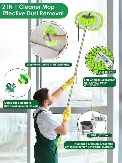2 in 1 Lightweight Wall Cleaner Mop with Long Handle 75 190cm Ceiling Duster Lint-Free Chenille Fiber Mop for Kitchen Baseboard Floor Glass Window Roof Cleaning Washer Scrubber Brush Tool Wet Dry Use
