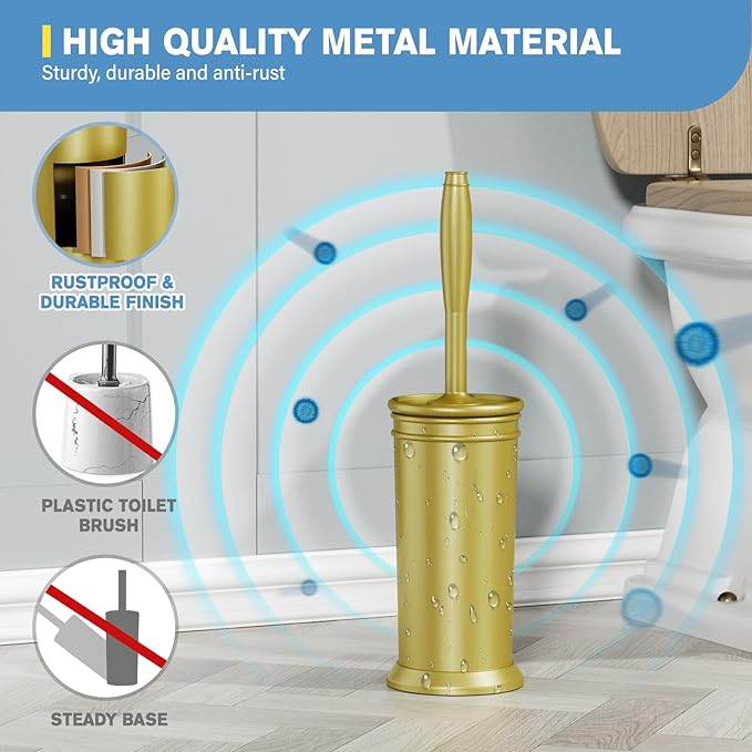 UPTRONIC Toilet Brush Aluminum Alloy Toilet Brush and Holder Set with Long Handle Durable Bristles Toilet Bowl Brush and Covered Holder for Toilet Scrubber for Bathroom Cleaning (2 Gold)