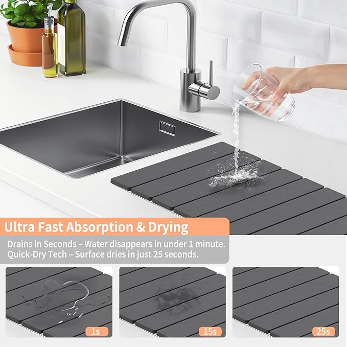 HotFox Dish Drying Mat for Kitchen Counter – Quick Dry Stone Drying Mat Foldable Diatomaceous Earth Pad Non-Slip Kitchen Sink Drying Mat Large Fast Drying Stone Mat for Dishes Coffee Maker Grey