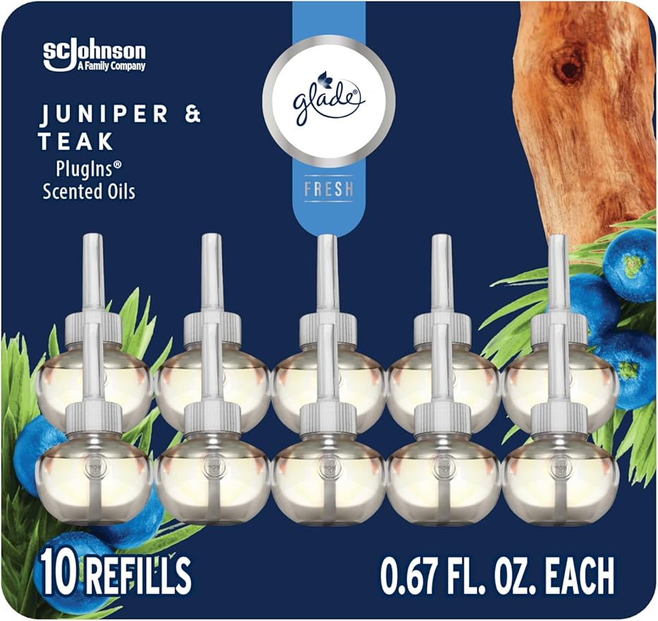 Glade PlugIns Refills Air Freshener Juniper &amp Teak Scented and Essential Oils for Home and Bathroom 0.67 Fl Oz 10 Count