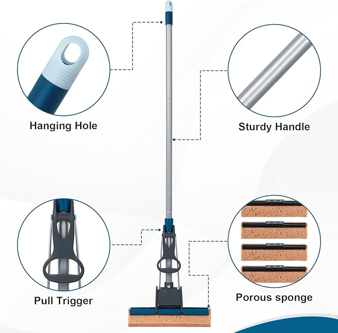 Sponge Mop for Floor Cleaning 50 Heavy Duty Roller Mop with 4 Cellulose Refill Heads Easy Self-Squeeze for Hardwood Tile Concrete Wall Ceiling