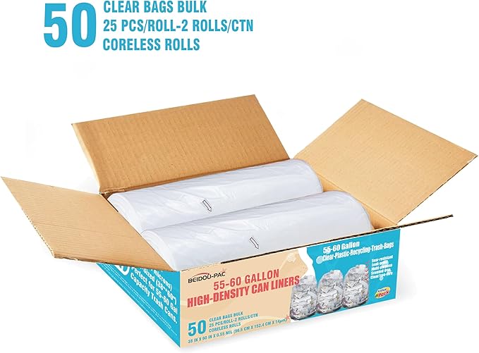 55-60 Gallon Trash Bags 50 Count Bulk Heavy Duty Clear Plastic Recycling Bags Multi-purpose Garbage Bags for home Commercial Outdoor Construction Industrial Lawn Leaf
