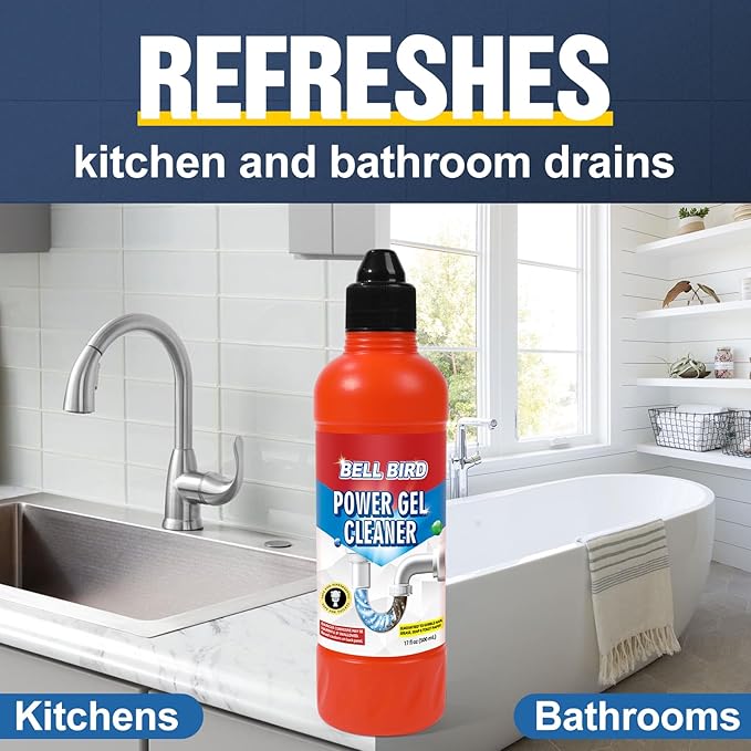 Bell Bird Drain Clog Remover &amp Pipe Cleaner - Thick Power Gel Dissolves Hair Grease and Soap Scum - Septic Safe Odor Eliminator for Kitchen Sinks Tubs Showers &amp Toilets (Pack of 2)