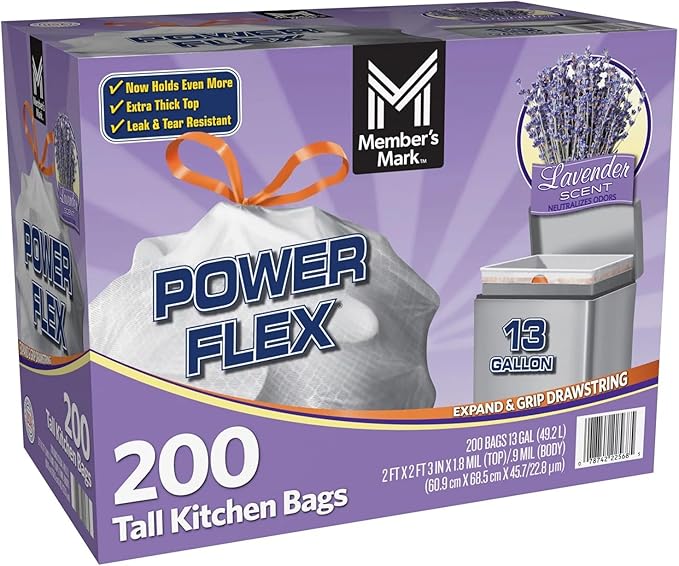 Member's Mark Power Flex Tall Kitchen Drawstring Trash Bags (13 Gallon 2 Rolls of 100 ct. 200 count total)