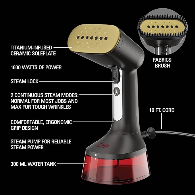CHI Handheld Garment Steamer for Clothes Fabric Brush Large 300 ml Water Tank 2 Steam Modes Ergonomic Handle Portable Steamer for Clothes 10’ Cord (11590)