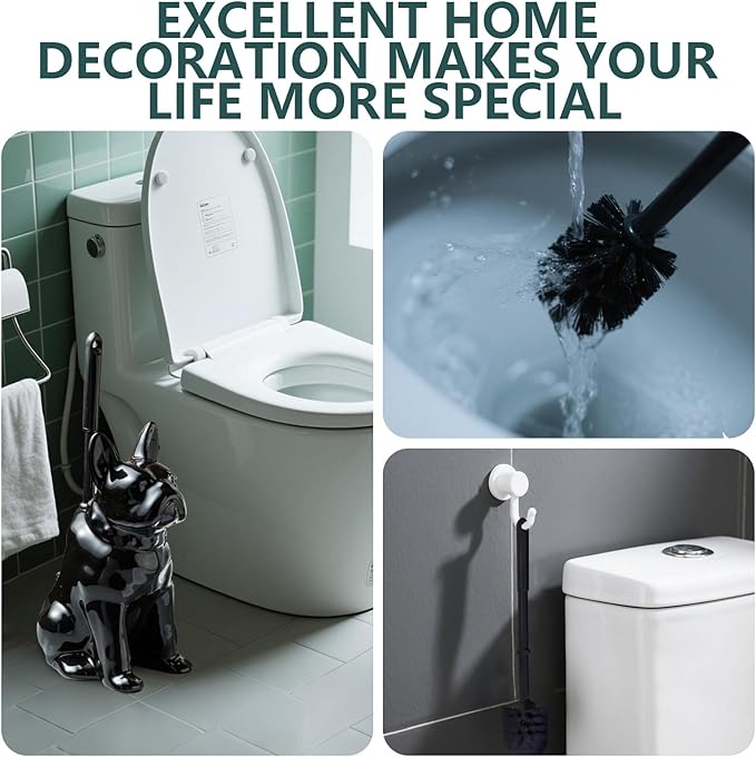 Toilet Brush Holder Set for Bathroom Cute Dog Base Solidly Toilet Bowl Brush Holder and Decorative Bathroom Ceramic Cleaning Kit with Brush and Holder (Black)
