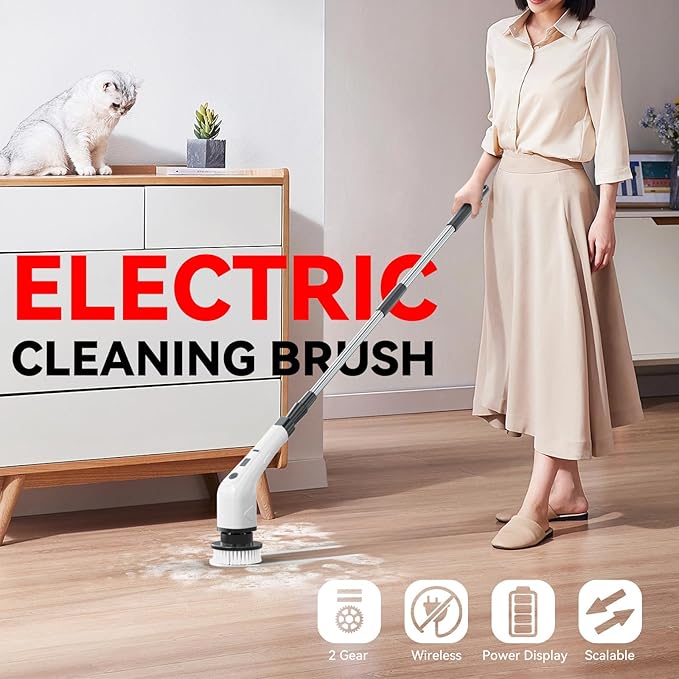 APLUSH Electric Spin ScrubberCordless Shower Cleaning Brush with 7 Replaceable Brush Heads Adjustable 2 Speeds Extension Handle Power Cleaning Brush for Tub Tile Floor CarBlack