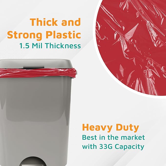 PlasticMill Heavy Duty Trash Bags - Red Garbage Bags - Plastic Waste Bags - Tall Trash Sacs Trash Can Liners - 33-Gallon Large Kitchen Trash Bags 1.5 Mil 33x39 (100-Count)