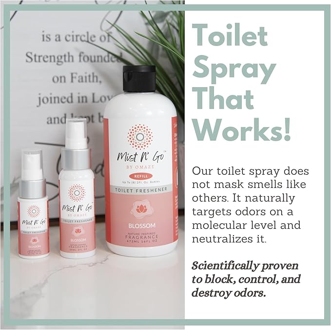 Mist N' Go by OMAZE Bathroom Odor Spray for Toilet Spray Refill Bottle - Multitasking Toilet Spray - Bathroom Spray Odor Eliminator for Strong Odors | Blossom 16oz (1 Pack)