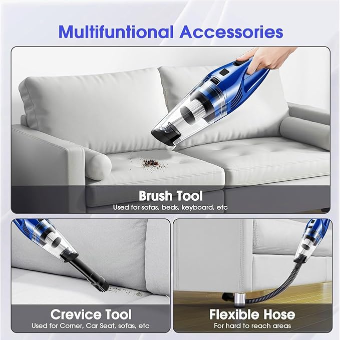 Car Vacuum Portable Cordless – 9000PA Strong Suction Lightweight &amp Rechargeable – Includes Multi-Nozzle Attachments for Car Home Office and Pet Hair – Compact &amp Powerful Azure Vacuum