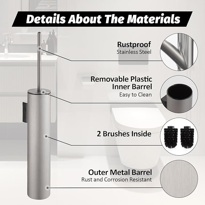 BGL Toilet Brush and Holder Set Brushed Nickel Wall Mounted for Bathroom Round Design
