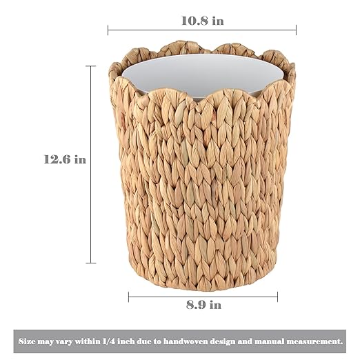 3.5 Gallon Scalloped Edge Wicker Waste Basket with Removable Plastic Liner Handwoven Rattan Trash Can for Bathroom Bedroom Office Home