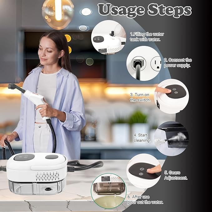2500W Handheld Steam Cleaner for Home &amp Car 1.1L Portable High-Pressure Steamer 10s Fast Heat-Up 6-Level Adjustable Steam Multipurpose Cleaning Kit – White