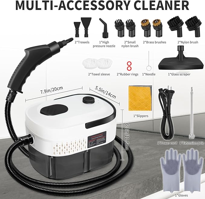Handheld Steam Cleaner 2500W High Pressure Steam Cleaner for Home 15s Fast Heating Portable Steamer for Cleaning with 17 pcs Accessories for Dirt Grease Grout TileFloor and Car (White)
