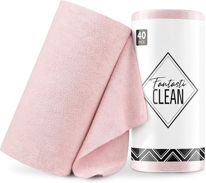 Fantasticlean Microfiber Cleaning Cloth Roll -40 Pack Tear Away Microfiber Towels 12 x 12 Reusable Washable Lint Free Ultra Absorbent Dishcloth for Car Pet Kitchen Cleaning Supplies (Pink)