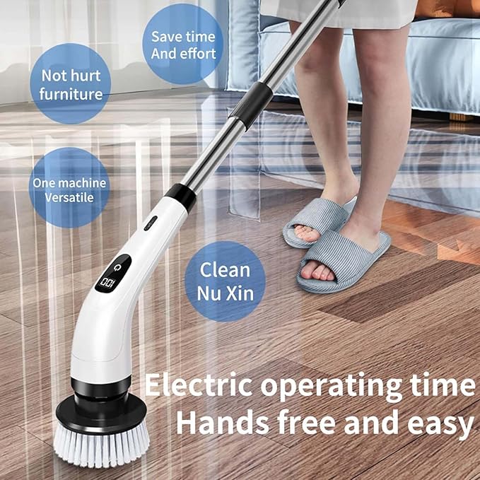 Electric Spin Scrubber with Adjustable Handle 9 Brush Heads 2 Speeds for Bathroom Tile Shower Floor Cleaning