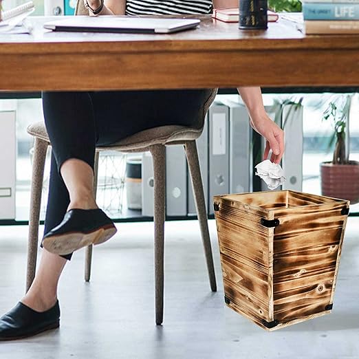 Owlgift Decorative Rustic Burnt Wood Trash Can Farmhouse Stylish Wooden Waste Basket Near Desk Square Garbage Cans Trashcan with Metal Brackets for Office Bedroom &amp Bathroom