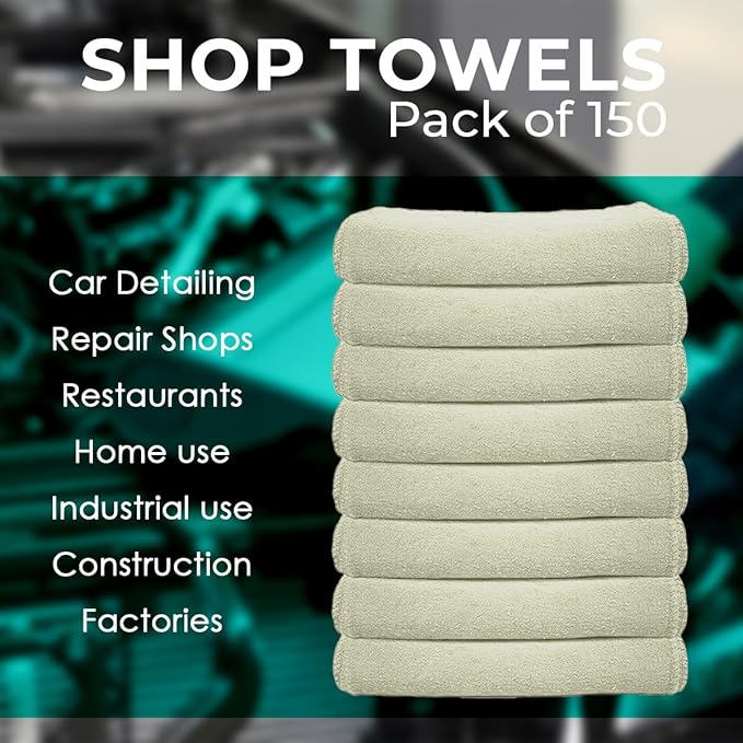Avalon Towels Cotton Shop Rags – (Pack of 150) Size 12x14 Inches Cleaning Rags – Absorbent Shop Towels and Multipurpose Cleaning Towels for Automobiles Industries Garage and Homes (Natural)