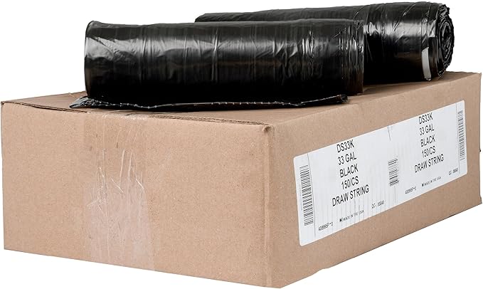 Aluf Plastics 33 Gallon 1 MIL Black Drawstring Tall Kitchen Garbage Bags - 34 x 40 - Pack of 150 - For Home Kitchen Restaurant &amp Office