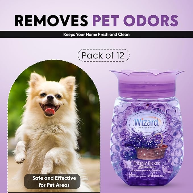 WIZARD Odor Eliminator Gel Beads - 12 oz Pack of 12 - Air Freshners For Bathroom. Rooms Per Areas and Car Freshner (FRESH LAVENDER)