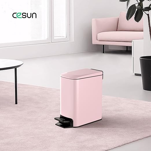 Cesun Small Bathroom Trash Can with Lid Soft Close Step Pedal 6 Liter / 1.6 Gallon Stainless Steel Garbage Can with Removable Inner Bucket Anti-Fingerprint Finish (Pink)