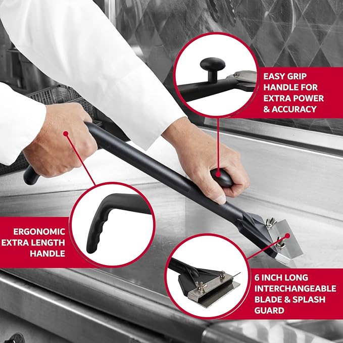 Chef Master Griddle Scraper Cleaning Kit Combo - Flat Top Grill Cleaner w/Replacement Blade &amp Scrubber - Griddle Cleaning Kit - Long Handle Stainless Steel Flat Grill Scraper - 90254