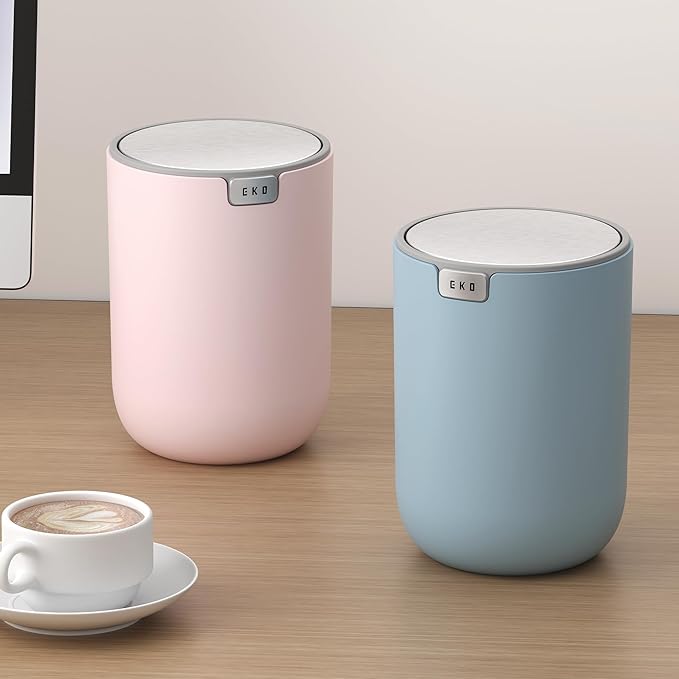 EKO Mini Trash Can Combo Set - Includes Two 0.4 Gallon Swing-Top Wastebaskets – Perfect for Desks Bathroom Vanity Countertop and More (1 Pink and 1 Blue)