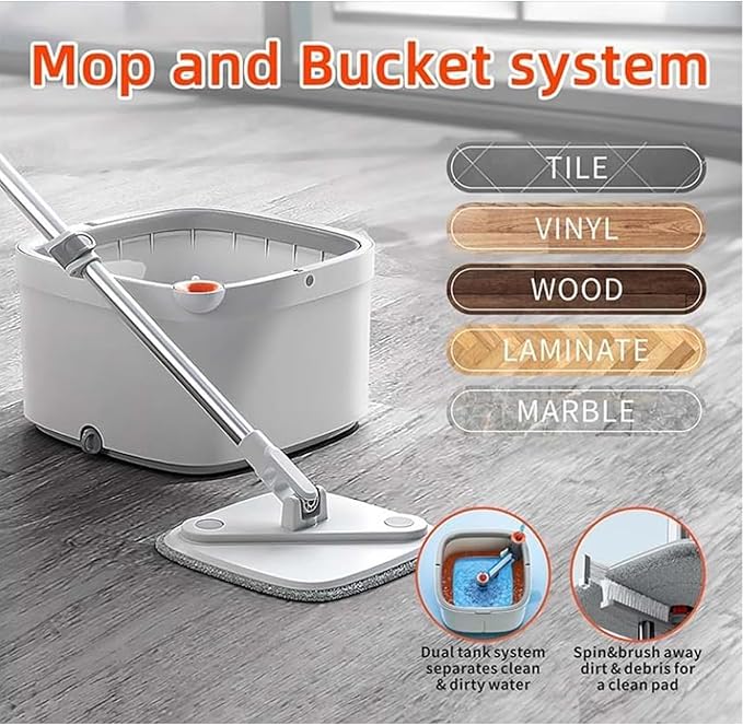 Spin Mop Set Self Wringing 360° Rotating Square Mop Head with Self Separation Dirty and Clean for Hardwood Tile Marble Floors