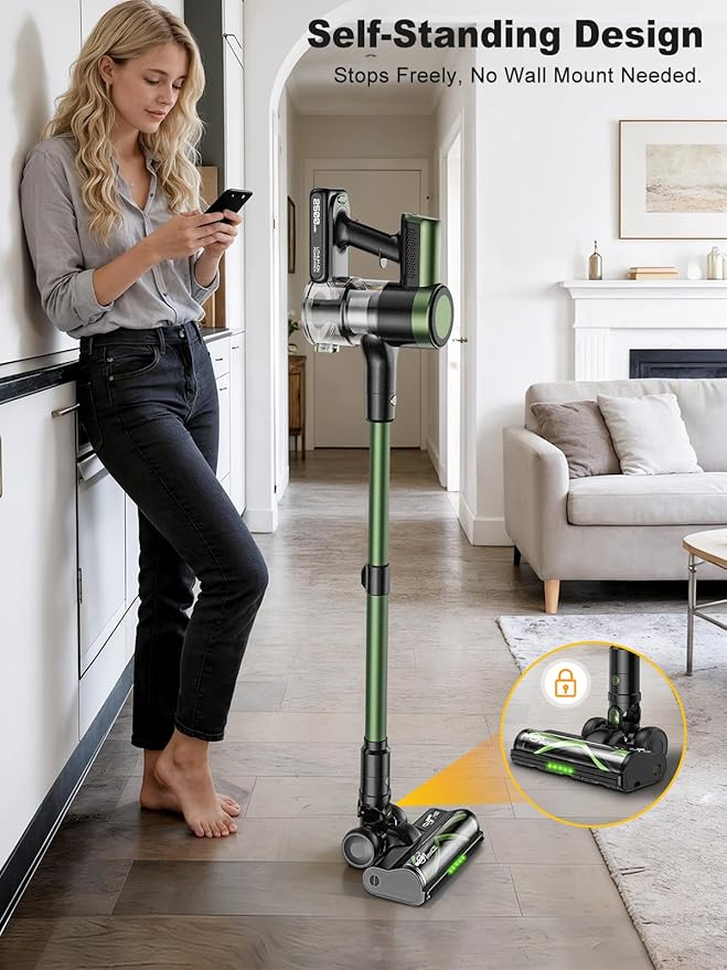 Cordless Vacuum Cleaner58kPa/10-in-1 Stick Vacuum with 29-inch Hose and LED Lighting Brush55Mins Runtime Vacuum Cleaner for HomeSelf-Standing Vacuum with Anti-Tangle Brush for Pet Hair/Carpet/Floor