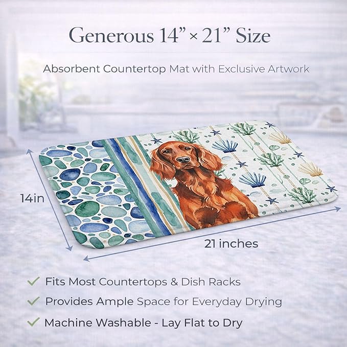 Caroline's Treasures Irish Setter Coastal Sea Glass Dish Drying Mat Absorbent Dish Drying Mat Pad for Kitchen Counter Dish Drainer Mat for Countertop 14 x 21 Multicolor
