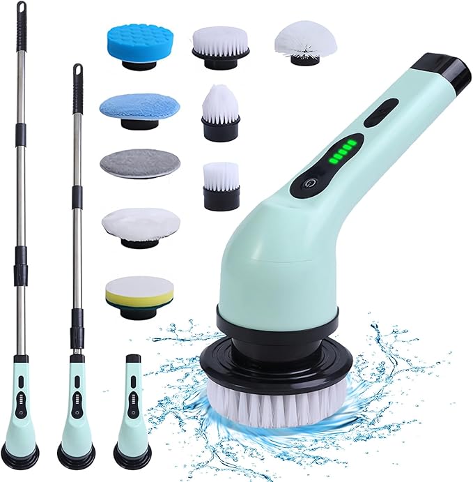 Cordless Electric Spin Scrubber with 9 Replacement Cleaning Heads IPX6 Dual Speed Adjustable Shower Cleaning Brush with Extension Arm for Bathroom (9 Replaceable