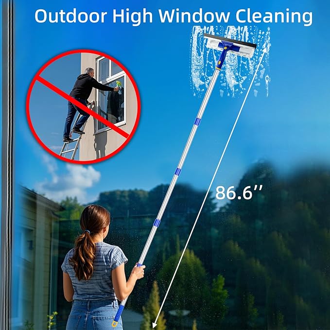 ITTAHO 86.6 Window Squeegee Cleaner2 in 1 Window Cleaning Tool KitShower Squeegee with Extension PoleGlass Cleaning Tools for Shower GlassIndoor/Outdoor High Window Cleaning-Two Pads