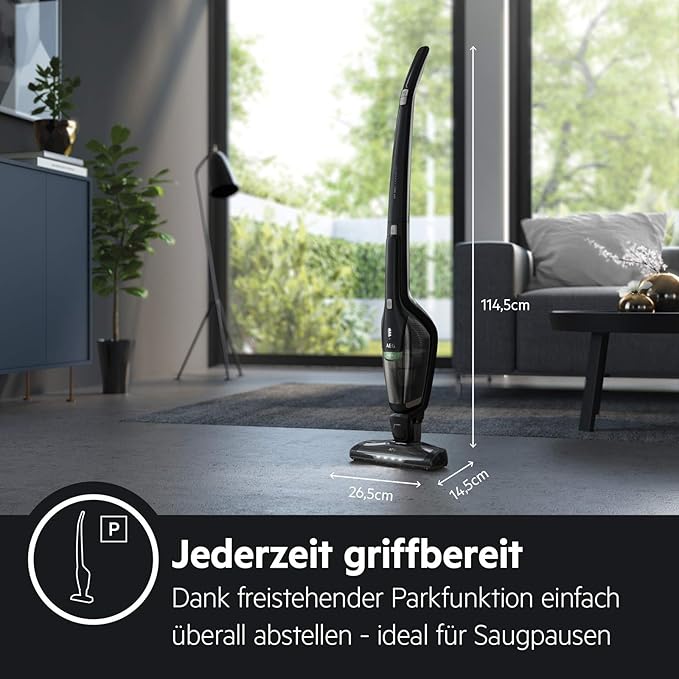 AEG Ergorapido CX7-2-45MÖ 2in1 Akku-Staubsauger (50% Recyclingmaterial beutellos bis zu 45 min Laufzeit freistehend 180° Drehgelenk Bürstenreinigungsfunktion LED-Frontlichter schwarz/grün)