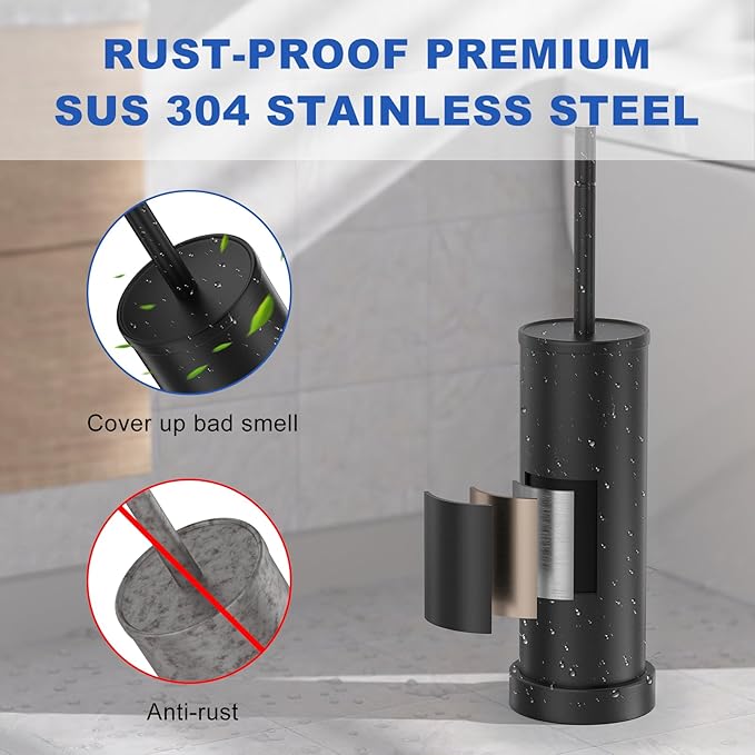 Black Toilet Brush and Holder Set 304 Stainless Steel Heavy Duty Toilet Bowl Brush and Holder with Long Handle Removable Inner Bowl and Splash Protection Modern Toilet Cleaner Brush for Bathroom